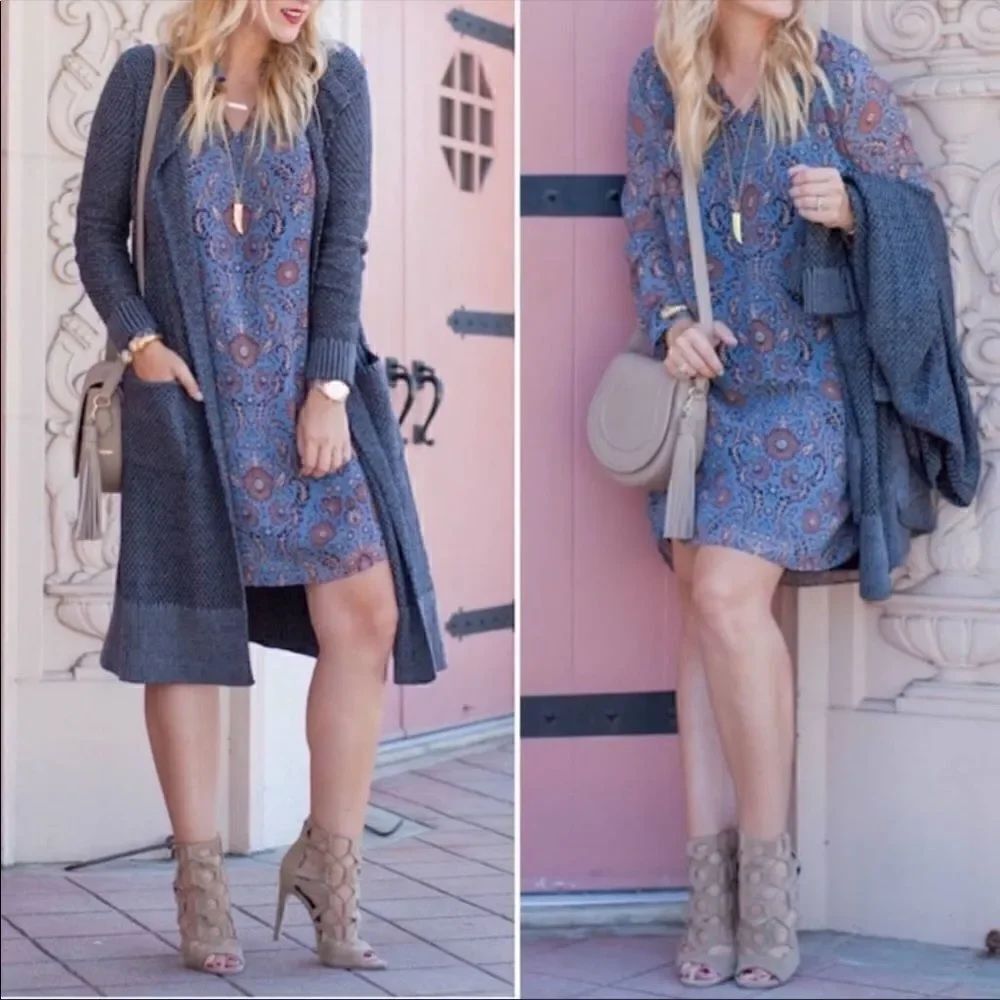 CAbi 3295 Blue & Brown Long Sleeve Provincial Floral Tunic Dress